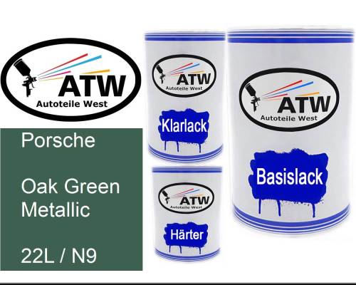 Porsche, Oak Green Metallic, 22L / N9: 500ml Lackdose + 500ml Klarlack + 250ml Härter - Set, von ATW Autoteile West.